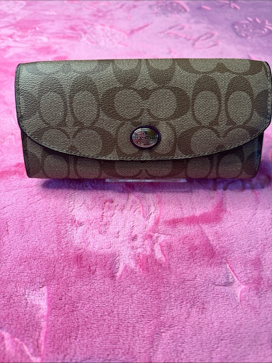 Coach Handbags - Coach Signature Khaki & Deep Purple Medium Snap Wallet + Matching Zipper Pouch
